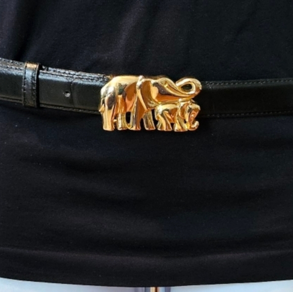 Motion East  Vintage Black Leather Belt With Elephant Buckle Size L - Picture 2 of 6